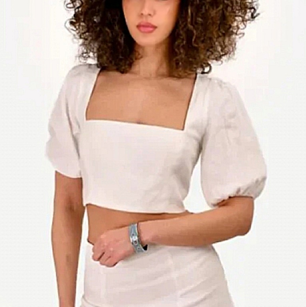 REFORMATION White Square Neck Puff Sleeves Linen Short Sleeves Top 10